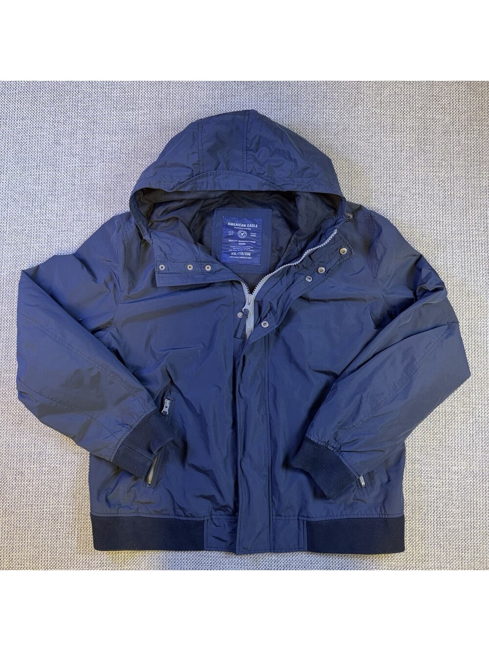 American Eagle Outfitters Mens XXL Navy Blue Hooded Bomber Windbreaker Jacket